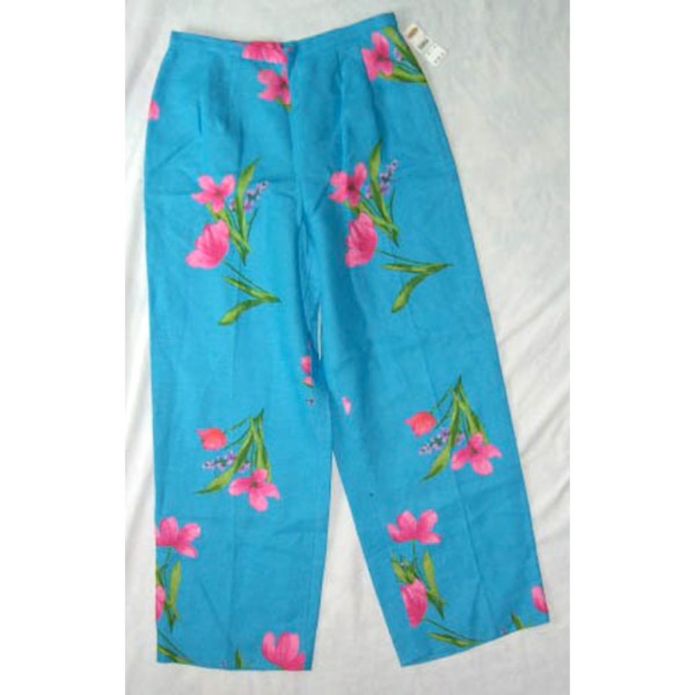 NWT Women's Talbots Turquoise Blue Linen Capri Pants Florals Size 4